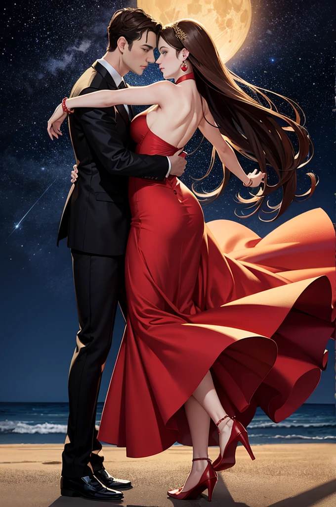 a masterpiece, stunning detail, an action shot, low angle, (top quality)), ((masterpiece)), a long hair girl, transparent long red dress, dance tango with a man, lamps, brown hair, shirt, black hair, 1boy, cleavage, jewelry, tango, hetero, multiple couples, pants, looking at another, bracelet, transparent dress, ,outdoors, full moon, strong wind, outdoors, full body, starry sky, at sea,,outdoors,(tango:1.2)