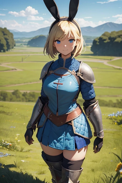 masterpiece, best quality, ultra-detailed, 4K, 8K, best quality, beautiful, pretty woman, solo, beautiful blonde hair, bob hair, beautiful blue eyes, beautiful eyes , (black bunny ears headband:1.3),
BREAK
smile,(medieval female soldier:1.2),(armor, gambeson, blue cloth armor, quilted armor, blue short skirt armor, shin guards:1.3), walking, put your hand on your waist,
BREAK
blurred background, on the field, in summer, outdoors, nature, prairie, grassland, blue sky,
BREAK
(clay animation:1.3), (stop-motion technique:1.2), (malleable figures:1.3), (hand-sculpted details:1.2), (expressive characters:1.3), (charming visuals:1.2), (creative storytelling:1.3)