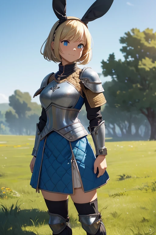 masterpiece, best quality, ultra-detailed, 4K, 8K, best quality, beautiful, pretty woman, solo, beautiful blonde hair, bob hair, beautiful blue eyes, beautiful eyes , (black bunny ears headband:1.3),  
BREAK
smile,(medieval female soldier:1.2),(armor, gambeson, blue cloth armor, quilted armor, blue short skirt armor, shin guards:1.3), walking, put your hand on your waist, 
BREAK
blurred background, on the field, in summer, outdoors, nature, prairie, grassland, blue sky,
BREAK
(clay animation:1.3), (stop-motion technique:1.2), (malleable figures:1.3), (hand-sculpted details:1.2), (expressive characters:1.3), (charming visuals:1.2), (creative storytelling:1.3)