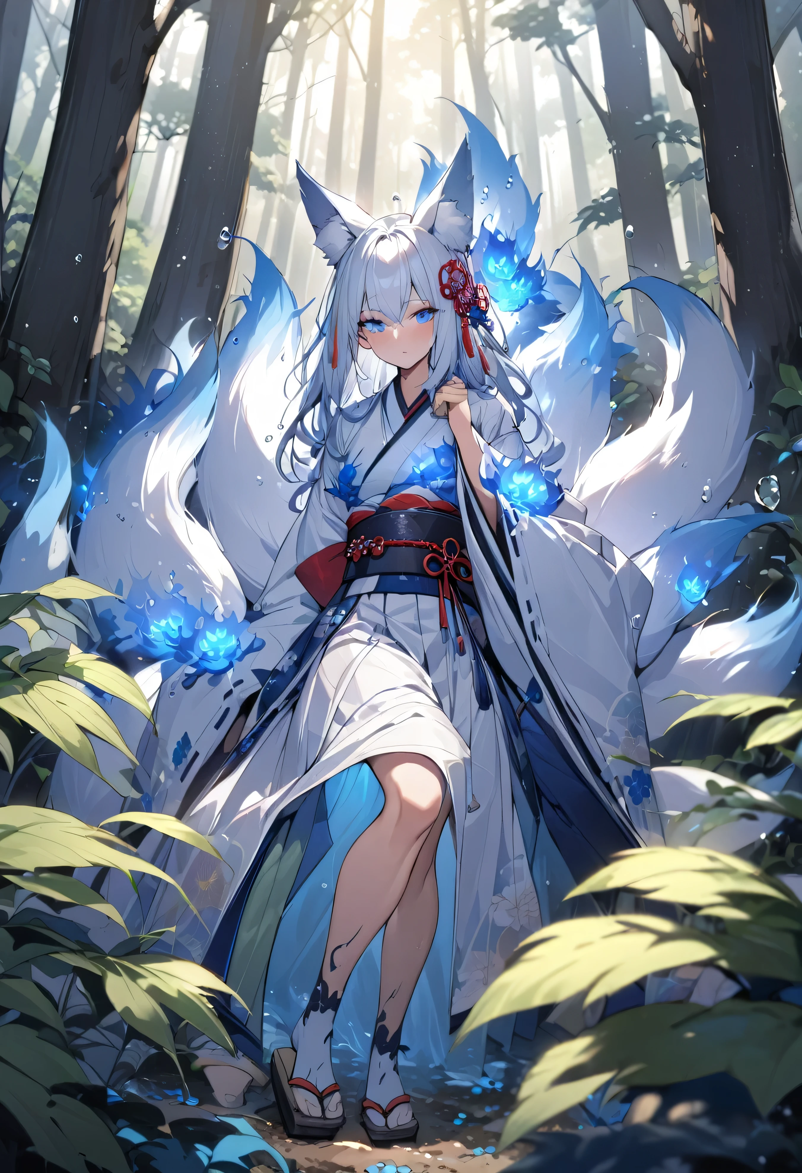 Masterpiece, Extremely detailed, close distance shot, (A beautiful kitsune woman peering through the leaves in a dense forest) , {she is surrounded by motes of blue fire}, facing viewer, (dynamic pose) , fox ears, nine fox tails, traditional Japanese clothing. Japanese sandels, (vegetation in the forground, water droplets on leaves, subject partially obscured by vegetation) , moonlit night
