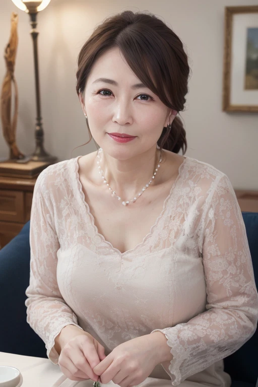 Mature 55 year old beautiful Japanese woman, Married women, Delicate features, Long eyelashes, Sparkling eyes, Low Ponytail, Red lipstick, elegant, Gorgeous appearance, Pearl Necklace, Beautiful dress, In the spotlight, (Highest quality,4K,8k,High resolution,masterpiece:1.2),Very detailed,Realistic,photoRealistic,photo-Realistic:1.37,High resolution,超High resolution,Studio Lighting,Ultra-fine painting,Sharp focus,Physically Based Rendering,Very detailed説明,Professional,Vibrant colors,Bokeh,Portraiture