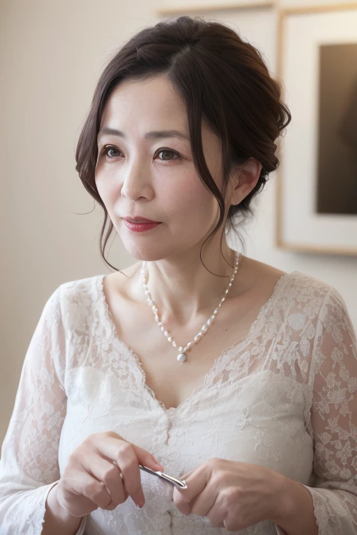 Mature 55 year old beautiful Japanese woman, Married women, Delicate features, Long eyelashes, Sparkling eyes, Low Ponytail, Red lipstick, elegant, Gorgeous appearance, Pearl Necklace, Beautiful dress, In the spotlight, (Highest quality,4K,8k,High resolution,masterpiece:1.2),Very detailed,Realistic,photoRealistic,photo-Realistic:1.37,High resolution,超High resolution,Studio Lighting,Ultra-fine painting,Sharp focus,Physically Based Rendering,Very detailed説明,Professional,Vibrant colors,Bokeh,Portraiture