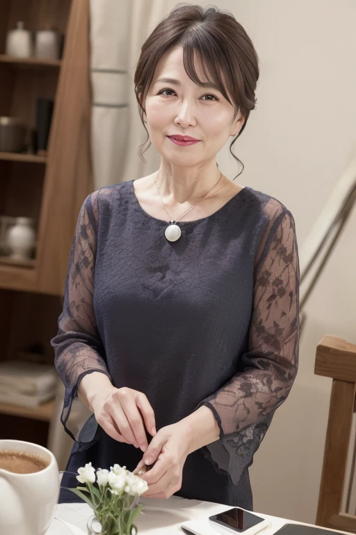 Mature 55 year old beautiful Japanese woman, Married women, Delicate features, Long eyelashes, Sparkling eyes, Low Ponytail, Red lipstick, elegant, Gorgeous appearance, Pearl Necklace, Beautiful dress, In the spotlight, (Highest quality,4K,8k,High resolution,masterpiece:1.2),Very detailed,Realistic,photoRealistic,photo-Realistic:1.37,High resolution,超High resolution,Studio Lighting,Ultra-fine painting,Sharp focus,Physically Based Rendering,Very detailed説明,Professional,Vibrant colors,Bokeh,Portraiture