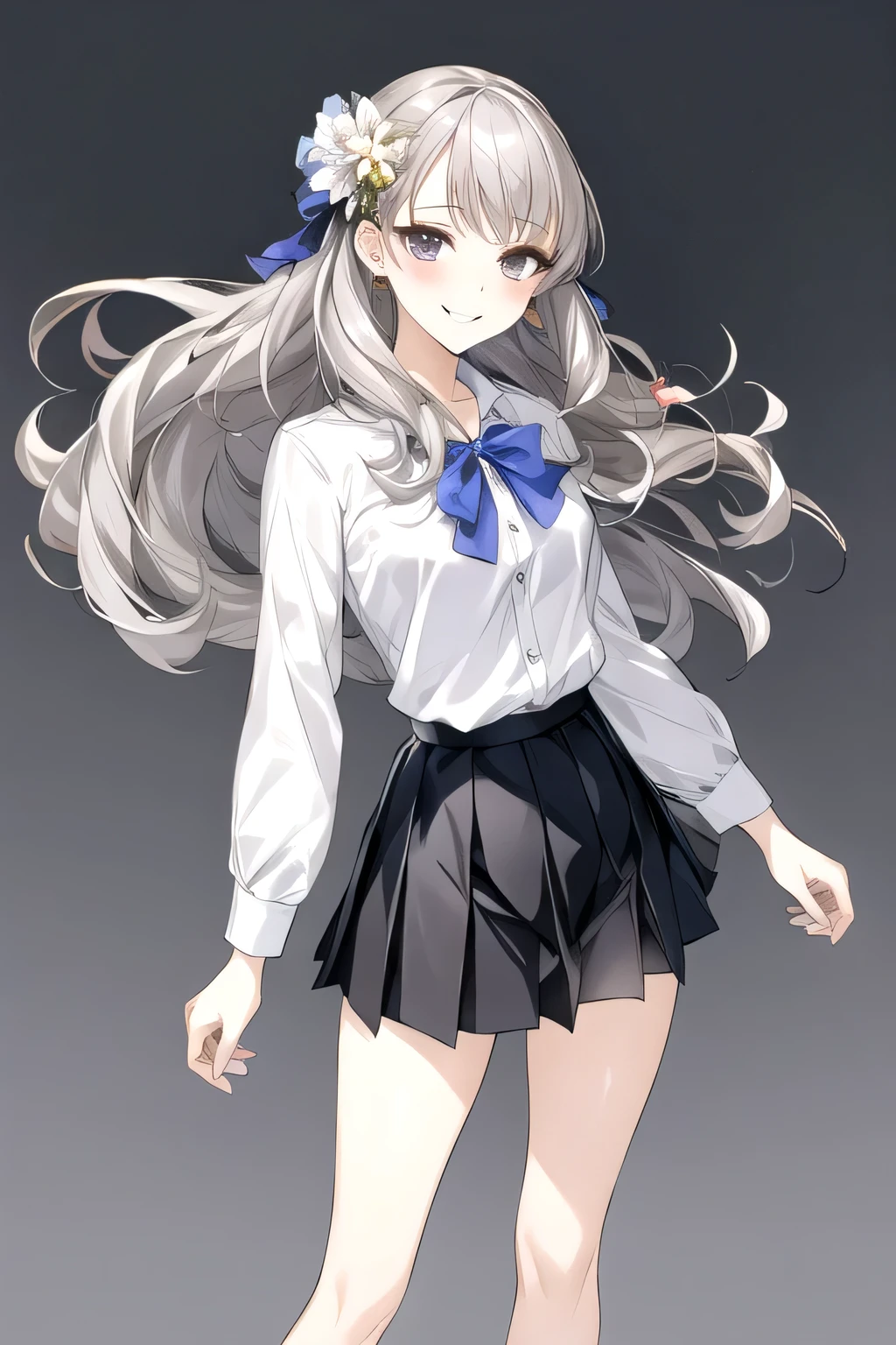masterpiece, best quality,fuyusaka iori 1, 1girl, solo, hair flower, white shirt, short skirt, black skirt, pleated skirt, hair ornament, flower, long hair, full body, socks, gray hair, white flower, gray eyes, looking at viewer, white background, middle breast, smile, shameful face, slander, standing, loafers, cowboy shot, perpect arms, adult, ecstasy face, beautiful legs, spread legs