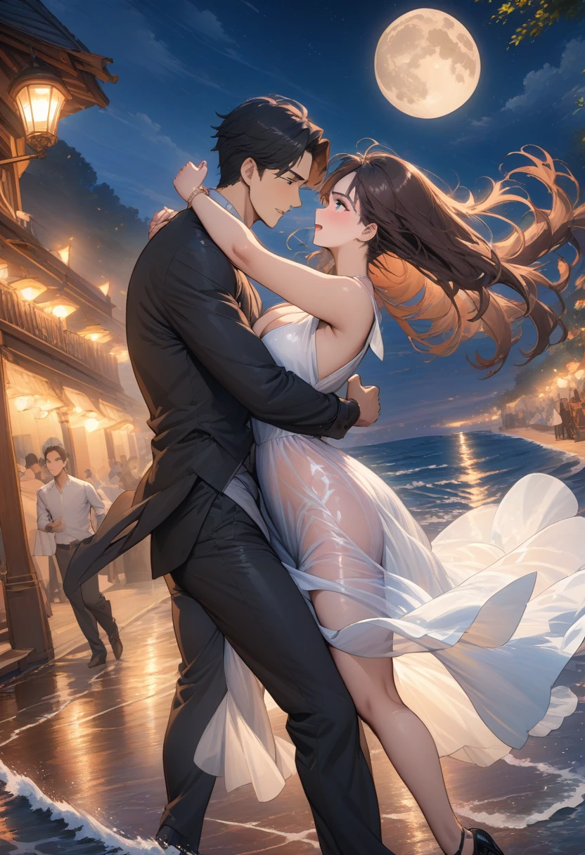 a masterpiece, stunning detail, an action shot, low angle, (top quality)), ((masterpiece)), a long hair girl, transparent long red dress, dance tango with a man, lamps, brown hair, shirt, black hair, 1boy, cleavage, jewelry, tango, hetero, multiple couples, pants, looking at another, bracelet, transparent dress, ,outdoors, full moon, strong wind, outdoors, full body, starry sky, at sea,,outdoors,(tango:1.2)