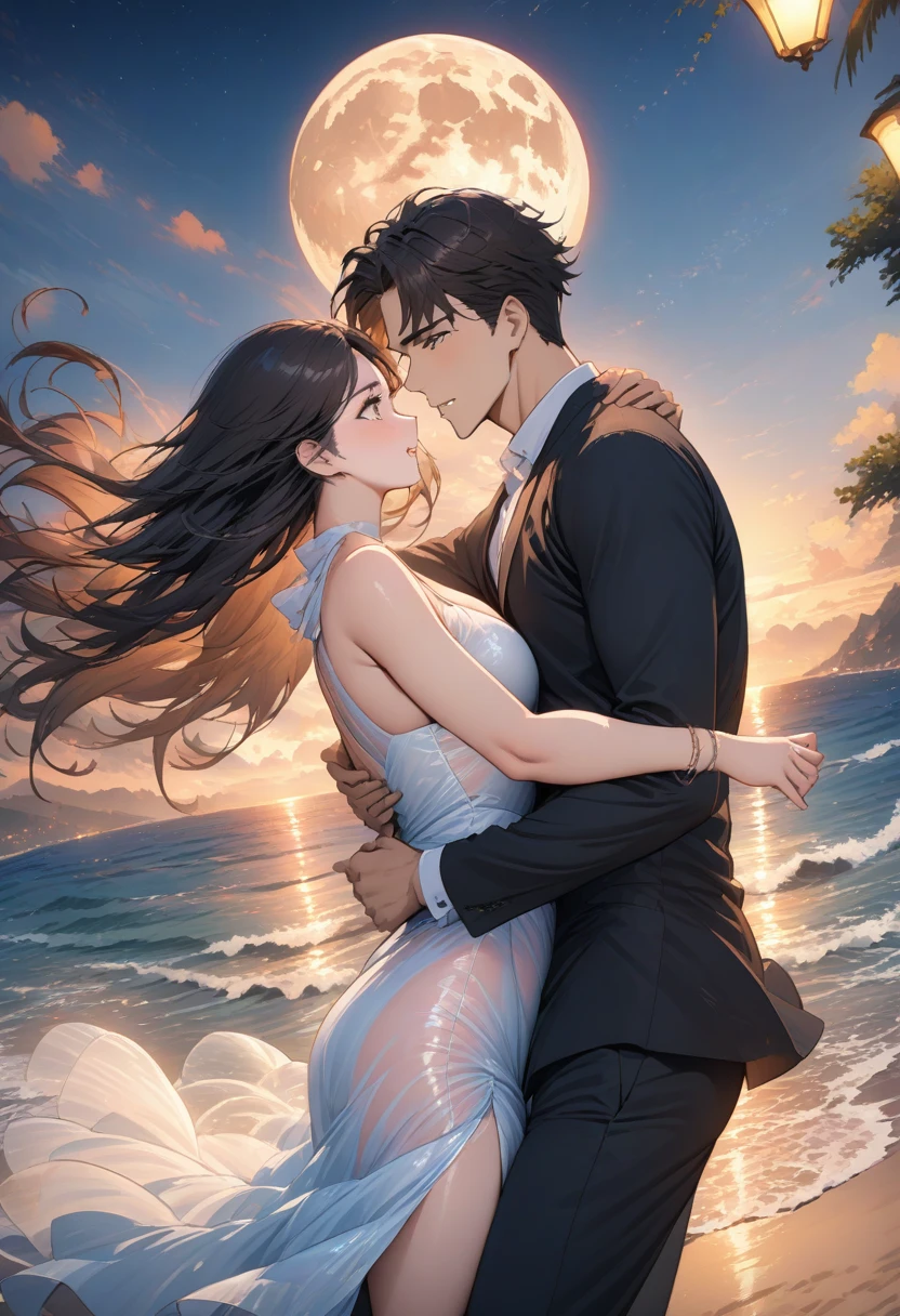 a masterpiece, stunning detail, an action shot, low angle, (top quality)), ((masterpiece)), a long hair girl, transparent long red dress, dance tango with a man, lamps, brown hair, shirt, black hair, 1boy, cleavage, jewelry, tango, hetero, multiple couples, pants, looking at another, bracelet, transparent dress, ,outdoors, full moon, strong wind, outdoors, full body, starry sky, at sea,,outdoors,(tango:1.2)