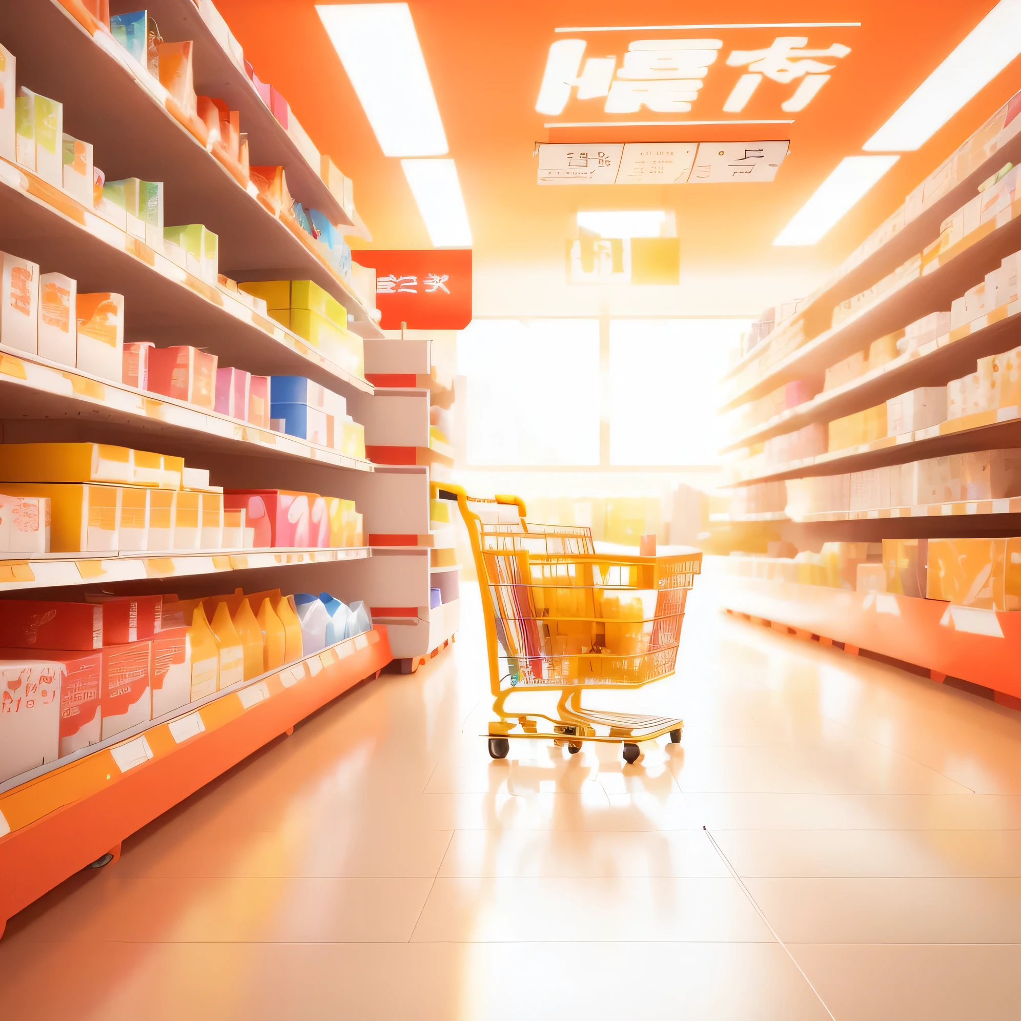 there is a shopping cart in a Shop aisle with shelves full of goods, In the supermarket, stacking supermarket shelves, convenience Shop, High-quality local rendering, Shop, high detailed Shop, Business Illustration, shelf, Photorealistic rendering of Octane, Digital Rendering, Authorjeonseok lee, Cinema 4D Bright Light Rendering, 3D Products, retaildesignblog, by Shitao