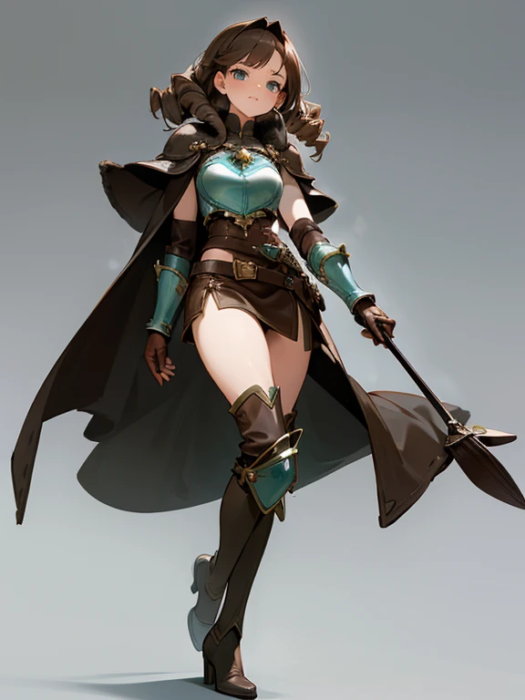 Imagine in a full-body image with full 4K quality, ultra detailed. a mature girl with a perfect curvy body, small breasts, hip bones, perfect face, beautiful blue eyes, long brown hair styled in a drill hair style. She wears a beautiful short dress in green tones in a magical girl style, a leather armor (((heart breastplate)), leather shoulder pad, high-heeled leather boots, leather gloves, wide belt, knee pads, elbow pads, fur cape ). She stands with her legs apart on a gray background, her expression is loving with a loving, loving smile and tender gaze looking at the viewer.