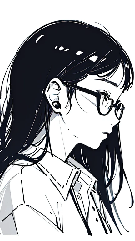 ((Highest quality)), ((masterpiece)), (detailed)One Girl, profile,Long Hair,Black Hair,Black-rimmed glasses,Line art,Black and white illustration,Illustration for icons,2D,headphones hanging around my neck,