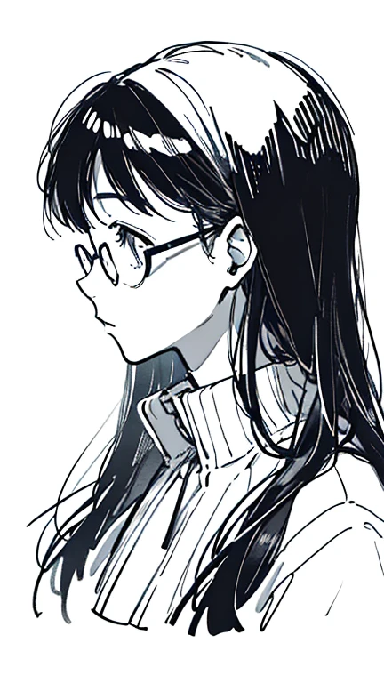 ((Highest quality)), ((masterpiece)), (detailed)One Girl, profile,Long Hair,Black Hair,Black-rimmed glasses,Line art,Black and white illustration,Illustration for icons,2D,headphones hanging around my neck,