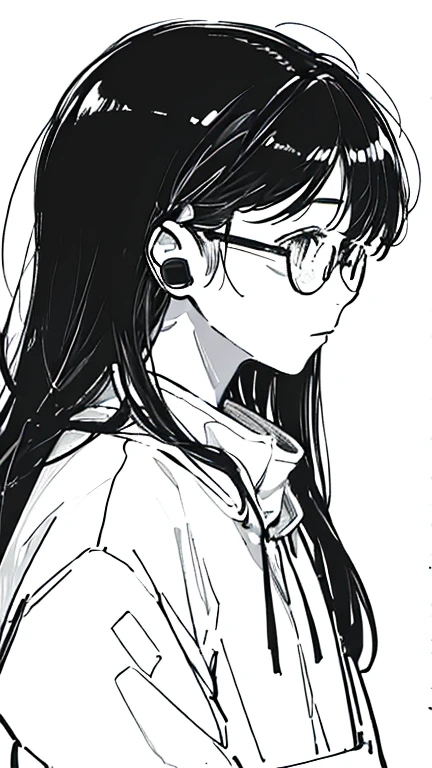 ((Highest quality)), ((masterpiece)), (detailed)One Girl, profile,Long Hair,Black Hair,Black-rimmed glasses,Line art,Black and white illustration,Illustration for icons,2D,headphones hanging around my neck,
