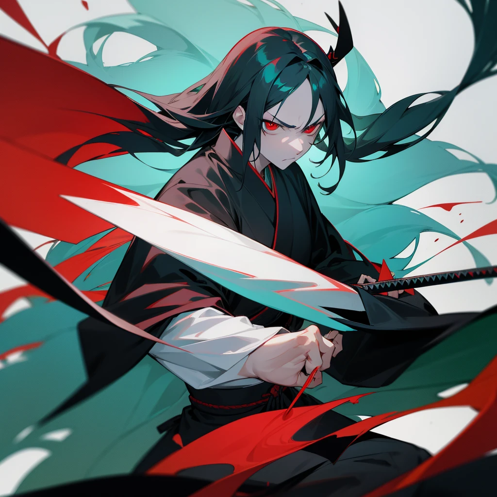 A anime man, turquoise long hair, red eyes, pale skin, black kimono, black katana, serious expression, battle pose