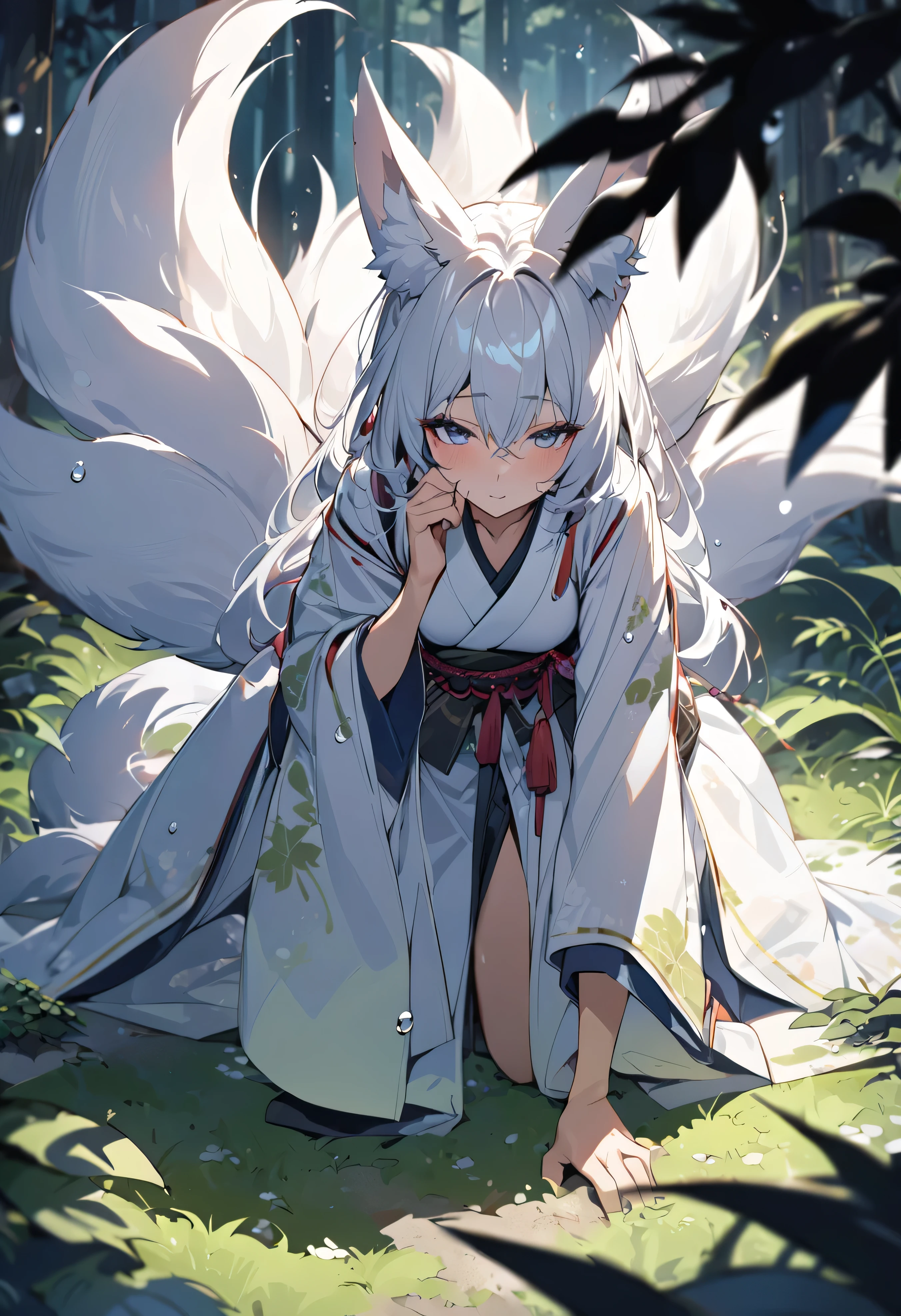 Masterpiece, Extremely detailed, close distance shot, (A beautiful kitsune woman peering through the leaves in a dense forest), facing viewer, dynamic pose , fox ears, nine fox tails, traditional Japanese clothing. Japanese sandels, vegetation in the for ground, water droplets on leaves, subject partially obscured by vegetation, moonlit night