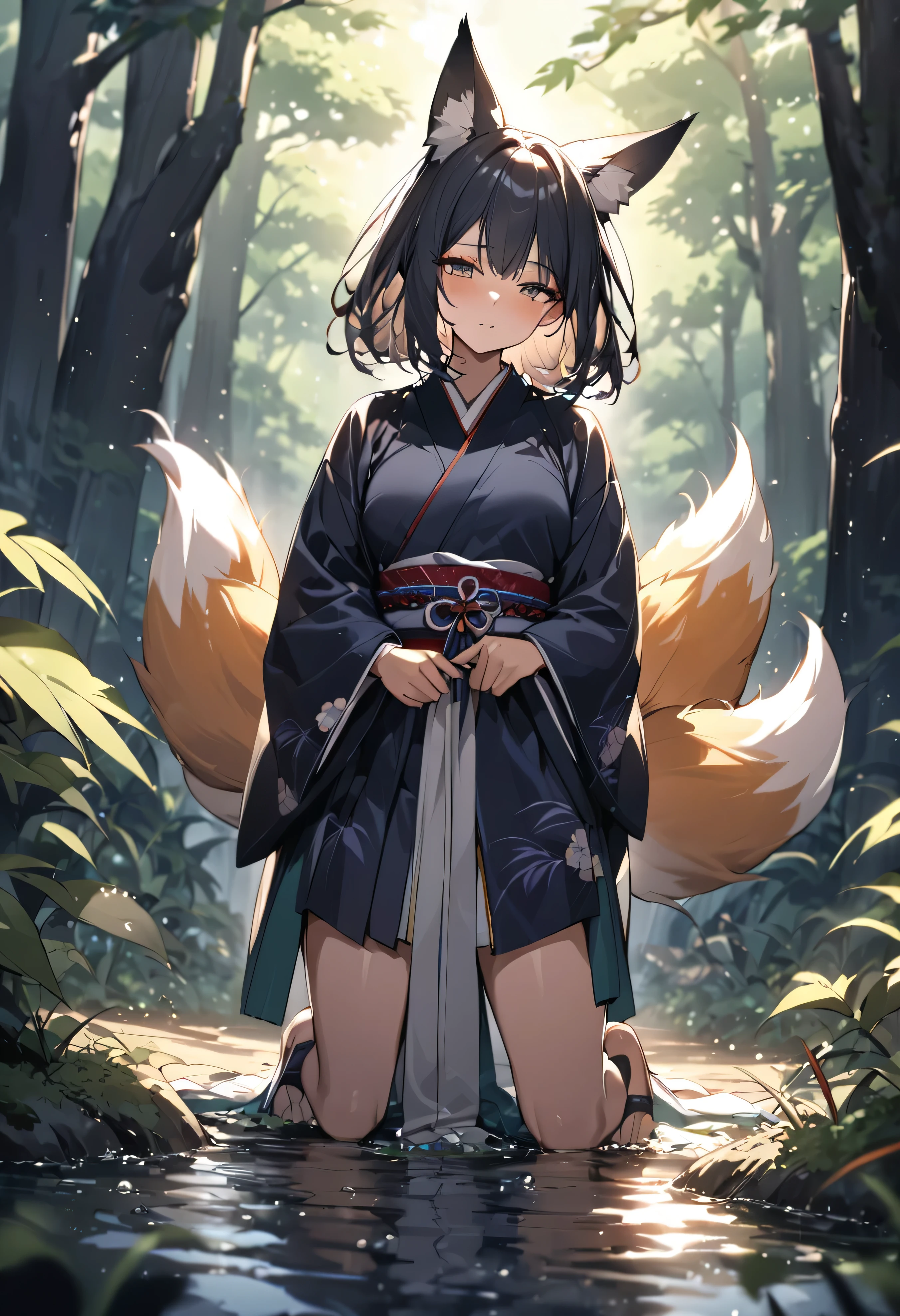 Masterpiece, Extremely detailed, close distance shot, (A beautiful kitsune woman peering through the leaves in a dense forest), facing viewer, dynamic pose , fox ears, nine fox tails, traditional Japanese clothing. Japanese sandels, vegetation in the for ground, water droplets on leaves, subject partially obscured by vegetation, moonlit night