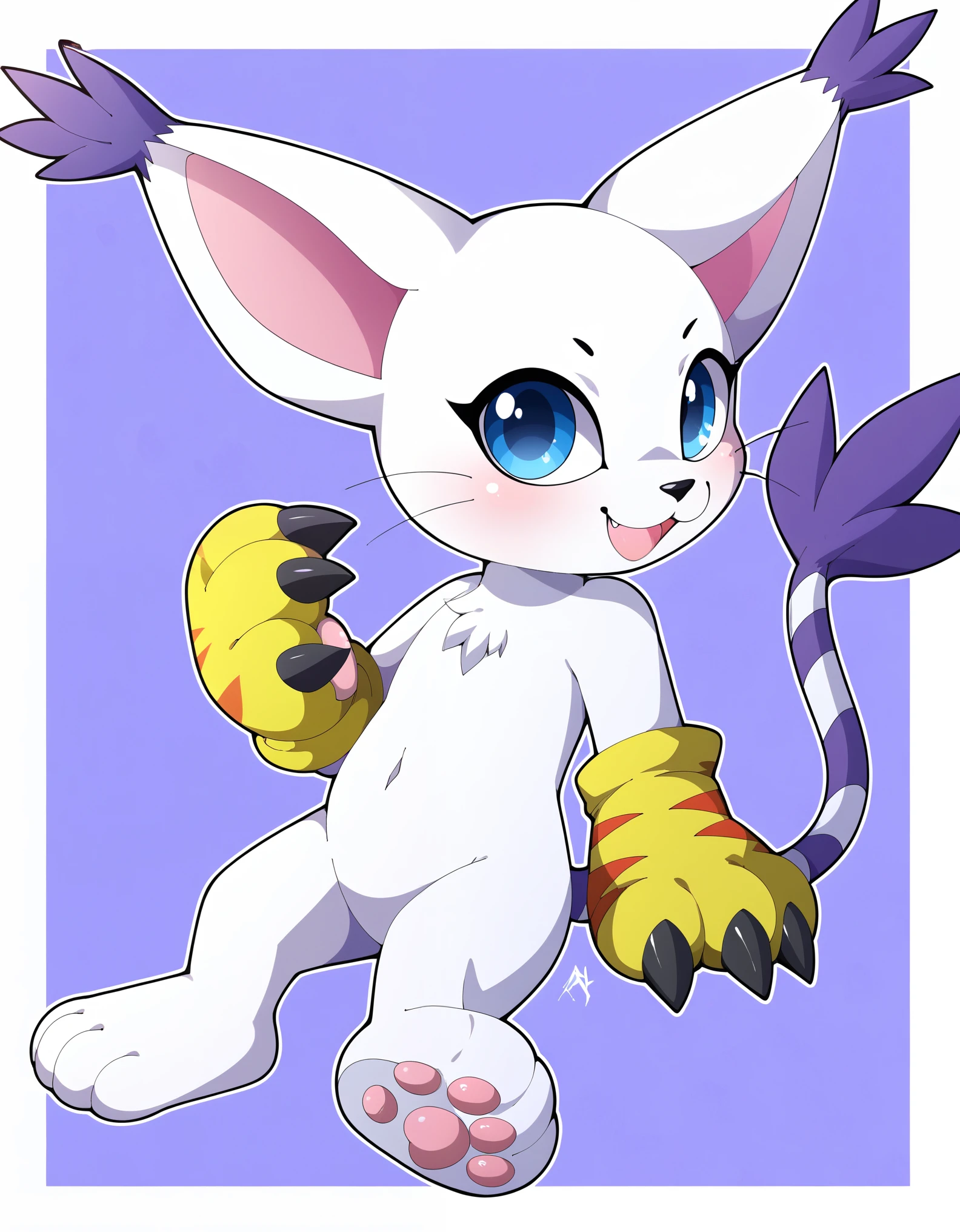 gatomon, feral, (digimon), solo, looking at viewer, blue eyes, white fur, striped tail, gloves, paw gloves, pawpads, 