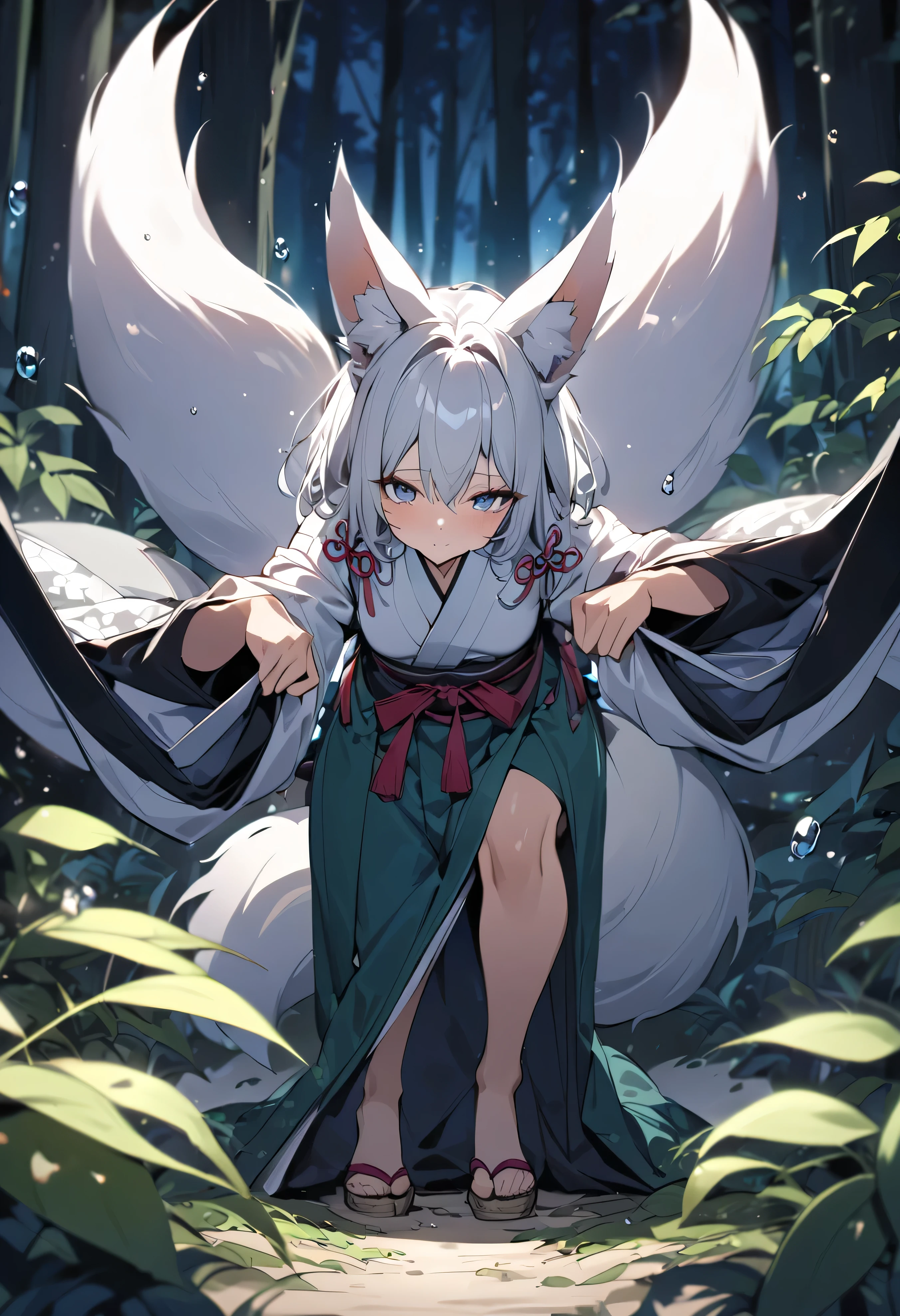 Masterpiece, Extremely detailed, close distance shot, (A beautiful kitsune woman peering through the leaves in a dense forest), facing viewer, dynamic pose , fox ears, nine fox tails, traditional Japanese clothing. Japanese sandels, vegetation in the for ground, water droplets on leaves, subject partially obscured by vegetation, moonlit night