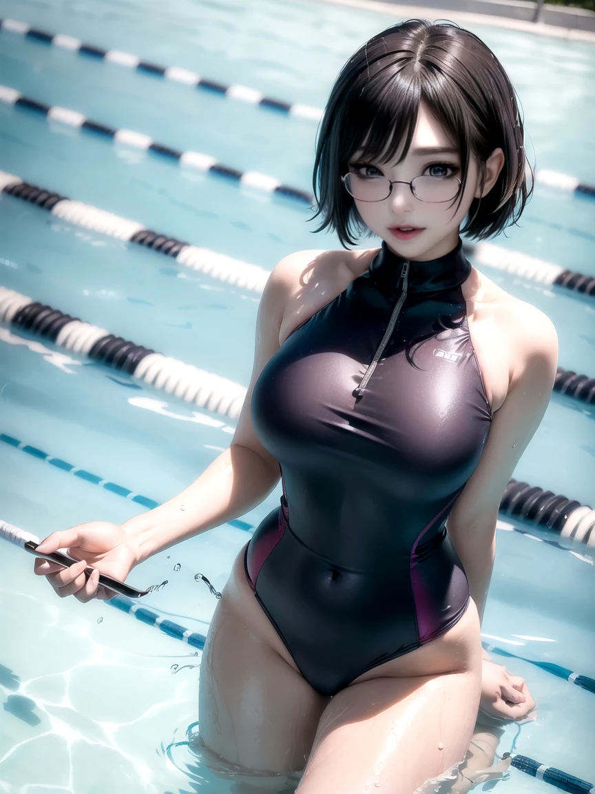 (Ultimate beauty), new employee, ((Rimless Glasses))非常にdetailed顔, detailedな唇, fine grain, Beautiful Eyes, Short Black Short Bob Hairstyle, ((Laugh with your mouth closed)),(((Competitive swimming suits))) (((紺色に水色のラインが入ったCompetitive swimming suitsを着ている)))), Big Breasts,(Accentuate your breasts) (Thighs), that'that'sit, perfectionなボディ, perfectionな顔, (((background: Poolside)、Cowboy Shot, (Depth of written border), perfectionな画像リアリズム, With detailed background, detailedな衣装, perfection、Hyperrealism、Realistic、最大解像度8k, (masterpiece), 非常にdetailed, Professional 22 year old Japanese woman,(非常にdetailedな肌)(Beautiful female body)(美しいBig Breasts)(Big Breasts)(Pale skin)(Pointed Chest),(Erect nipples)(Best image quality)(Hyperrealismの肖像画),(8k),(Ultra-realistic,最high quality, high quality, High resolution)(high quality texture)(Attention to detail)(Beautiful details)(detailed,Extremely detailed CG,detailed Texture)(Realistic facial expressions,masterpiece,in front,dynamic,bold),(((short pixie cut))),(Very thin hair)(Super Straight Hair:1.5)( sleek bangs,Very light coppery amber hair,Hair in one eye) (((Accentuate your buttocks))) (((Her cleavage is visible))) (((Composition from behind))) (((She is spreading her legs boldly))) (((The lines of the body are clearly visible)))、(((Depiction of beautiful fingers))) (((Beautiful body depiction))) (((Accentuate your butt)))(((Thighsが見えるよ)))(((Full body photo)))、(((Low angle photo)))、(((Correct ankle orientation)))(((Correct number of legs))) (((正確な後ろからのFull body photo)))(((Exact number of hands)))