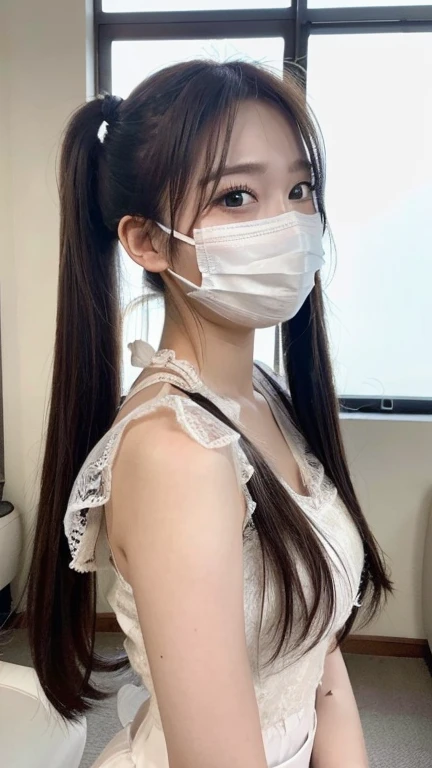 (8k、Highest quality、masterpiece、Ultra-high resolution、High resolution face:1.3)、(20-year-old girl:1.3)、Bokeh Depth of Field、frontage、Teen、cute、Famous Japanese Idols、cute、Realistic body、、White skin、Glowing Skin、The body is slim、Handsome body、Brown haired、Looking up、Delicate eyes、Source Order、Lace shirt、Skirt、Looking into the camera、Tsundere、Twin tails、rabbit makeup、Angry face、Wearing a medical mask、Half Mask