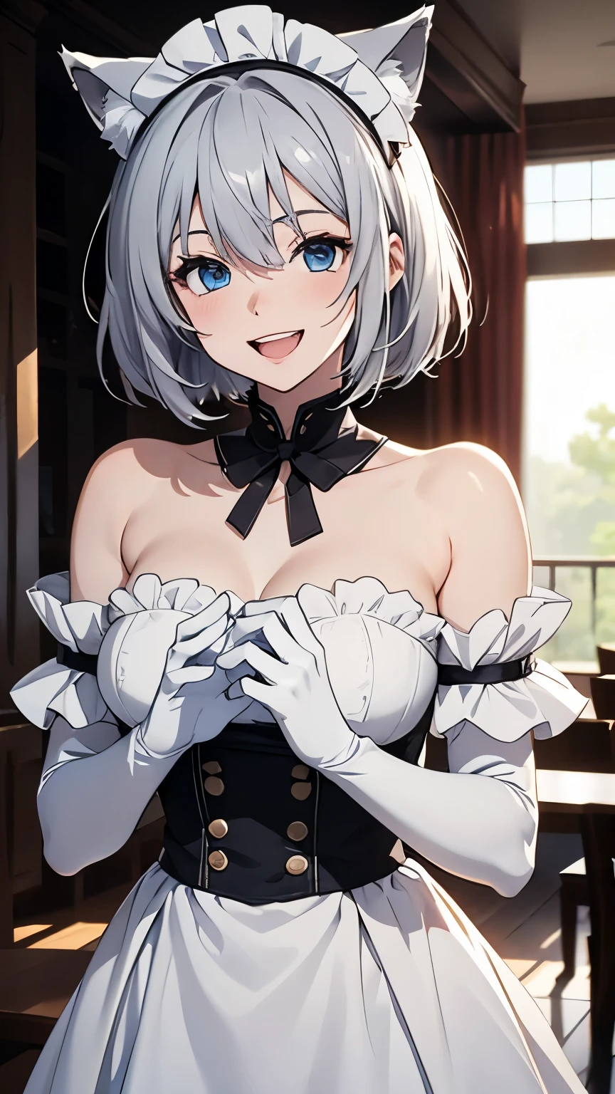 Tabletop　High resolution　Best image quality　8k　 Adult female　Anime Style　White long gloves(Elbow Gloves)　cuffs　White maid outfit（Strapless）stockings　White wolf ears　short hair（（Shortcuts）（Gray Hair）（Perm）（fluffy））　blue eyes　Attractive face（（Laughter）（smile）（Open your mouth））　Are standing　wave hands