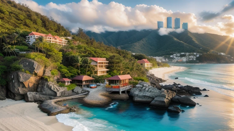 architecture, beach resort, vine, trees, cloud, sunset, vivid colours, sky, masterpiece,best quality,super detailed,realistic,photorealistic, 8k, sharp focus, a photo of a building day light, sun, cloud, RAW Photo, RAW texture, Super Realistic, 32K UHD, DSLR, soft lighting, high quality, film rating, Fujifilm XT3
