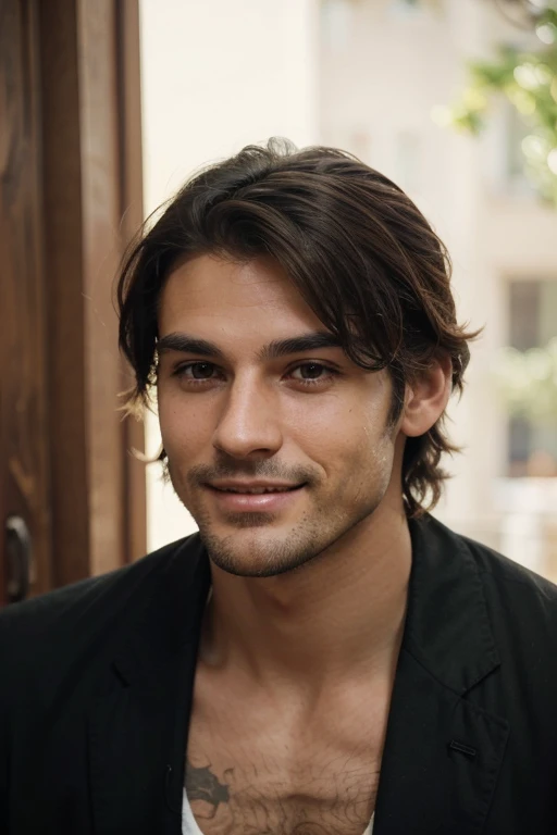 Can you please make a candid photos of my character. He is Italian , 29 years old. with black hair stubble and looks like a tortured poet and wealthy. He is 6'1 - **Build:** Lean and athletic, with a well-defined yet not overly muscular physique, indicative of an active lifestyle. - **Hair:** Dark brown, slightly wavy, and often kept at a medium length. His hair has a natural, effortlessly tousled look, giving him a relaxed and approachable vibe. - **Eyes:** Warm hazel eyes with flecks of green, framed by thick, dark eyelashes. His eyes are expressive and often reveal his thoughtful and introspective nature. - **Complexion:** Olive skin with a healthy glow, hinting at his Italian heritage. - **Facial Features:** Strong jawline, high cheekbones, and a slightly aquiline nose. He has a well-groomed beard that he keeps neatly trimmed, adding to his sophisticated yet artistic appearance. - **Smile:** His smile is warm and inviting, with a hint of mischief. His teeth are straight and white, and his smile often reaches his eyes, making them sparkle.