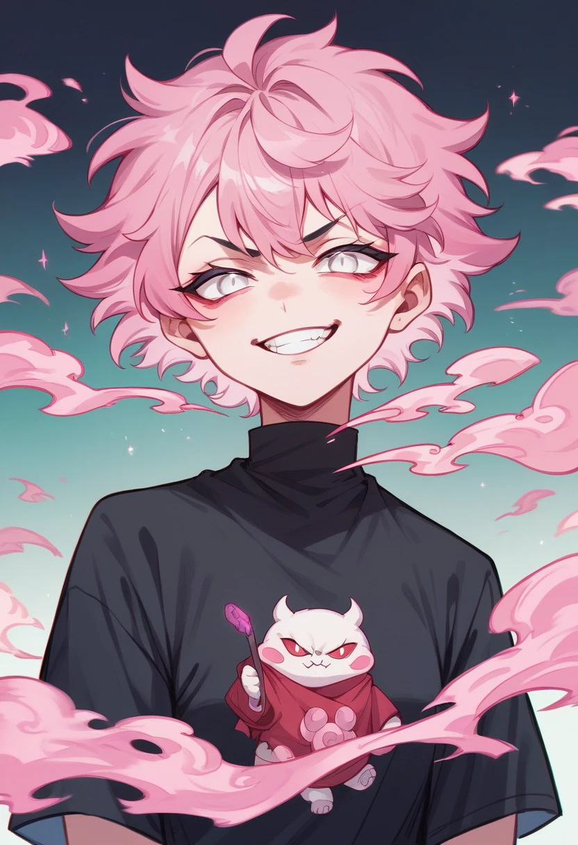 A girl with evil smile wearing a black shirt, she has white eyes, her hair is long, half light pink and half light blue. The background is dark purple with pink smoke. Art in the style of anime dorama.
