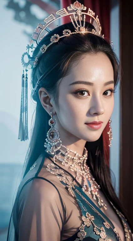 masterpiece, best quality, 1 girl, solitary, ((aldult)),(Huge breasts), Long hair,(Siamese transparent black silk),Happy, Looking at the audience, (precise、Perfect face shape:1.3),(Beautiful five fingers),(Crotch front display),Ultra HD,Ray Tracing,,reflected light, Correct structure,The award-winning,High Detail,Reduce shadow contrast,Facial lighting ,Cinema Lighting,masterpiece,Super Detail,high quality,High Detail, best quality,16K,High contrast,Close-up of woman, Queen of the Sea Mu Yanling, A young woman playing, Chinese Empress, yun ling, song nan li, , gujian, Peking Opera, zhao yun, Chinese Princess