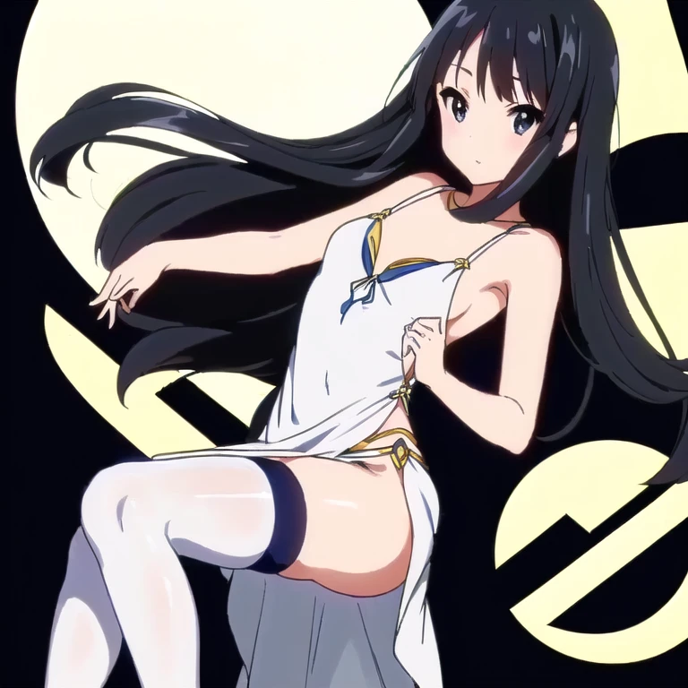 mio akiyama ((dark blue-gray eyes)) ((long black hair)) as a bride in a ((skimpy backless and low cut wedding dress)) and flowers in her hand, guweiz, artwork in the style of guweiz, guweiz on pixiv artstation, guweiz on artstation pixiv, clean detailed anime art, guweiz masterpiece, beautiful anime art style, cute anime waifu in a nice dress, in skimpy dress ((stockings on thighs)), ((very short hem)) (small chest)