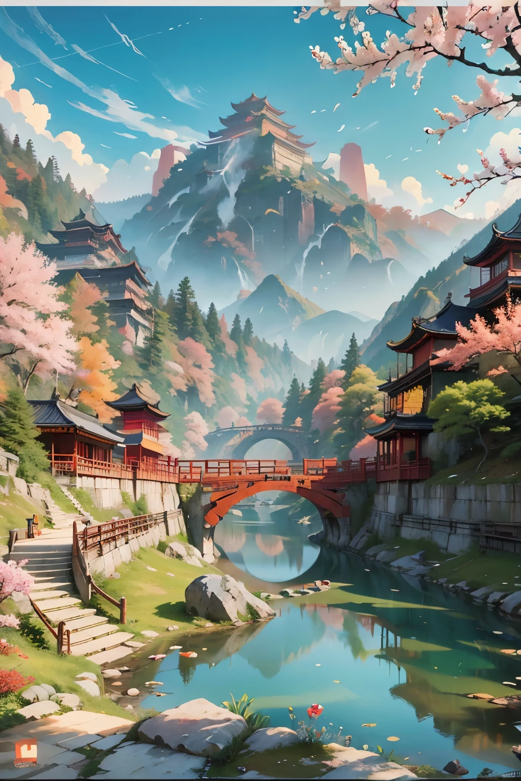 Chinese art,  using Chinese red and white color schemes, ultra-detailed illustrations, fictional landscapes, psychedelic cartoons, mountain views, and UHD images, illustration --ar 3:4 --s 200 --v 5.2 —style raw