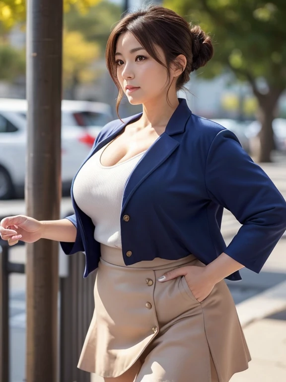 A beautiful Japanese mature politician, voluptuous with big breasts, with her thick brown hair tied up in a bun, wearing a neat navy blue jacket over a white tank top with a wide opening at the chest revealing her cleavage, and a neat knee-length skirt of the same navy blue as the jacket. She walks confidently with one hand on her hip.