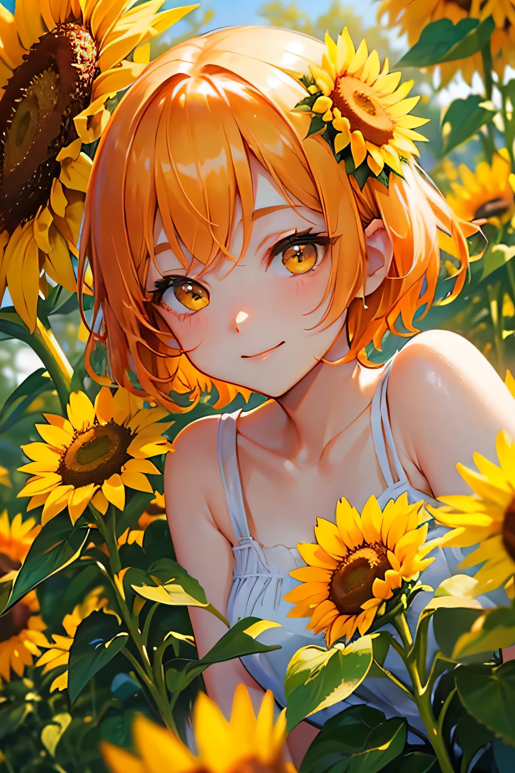 Beautiful adult woman、((Orange short hair))(Yellow Eyes))、A strong smile、Face close-up、Sunflower is blooming