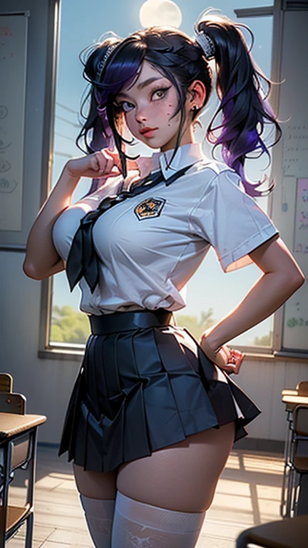 cute girl,(((curvy ,curvy body,thick thighs))),(((21 years old))),((anime girl with extremely cute and beautiful neon pink hair)), (((sexy seductive))), (((sexy seductive slutty pose))),
(((Accentuated super huge enormously gigantic nude tits and nipples exposed))),((((very long purple hair in pigtails:1.35,very long purple hair in pigtails,colored inner hair,ear breathing)))),(((moonlight_eyes:1.3))),intricate eyes,beautiful detailed eyes,symmetrical eyes,big eyes:1.5,(((freckles on the face,freckles,freckled girl))),(((lustrous skin:1.5,bright skin: 1.5,skin tanned,shiny skin,very shiny skin,shiny body,plastic glitter skin,exaggerated shiny skin,illuminated skin))),(detailed body,(detailed face)),
cute,slutty,erotic,daring,((nsfw)),
zettai ryouiki,revealing clothing,show skin,(((Sexy school girl uniform, school girl outfit, wearing a school girl uniform school girl skirt and white thigh high socks:1.3,)))
(dynamic pose:1.0),embarrassed,(centered,scale to fit dimensions,Rule of thirds),
inside,indoor,((school classroom)),scenery:1.25,((intricate scenery)),((school decorations)),