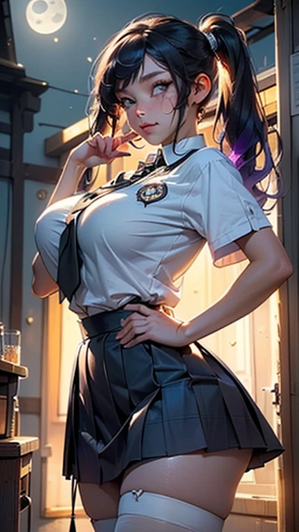(ultra-realistic, high definition, best quality CG artwork), beautiful young woman with (long black hair:1.3) styled in (high ponytail:1.2), (reddish purple eyes:1.2) shining bright, (white see-through cropped shirt:1.3) revealing a tantalizing (underboob:1.2) and her ample bosom,, large forehead, parted bangs, nsfw, see-through wet white clothes, black skirt