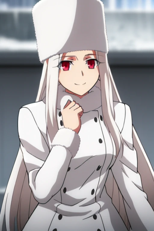 Irisviel Von Einzbern, (large breasts), oversized breasts, long hair, white hair, white fur coat, (belt), white gloves, white fur hat, solo, facing the viewer, looking at the viewer, smile, closed mouth, outdoors, snow, from below