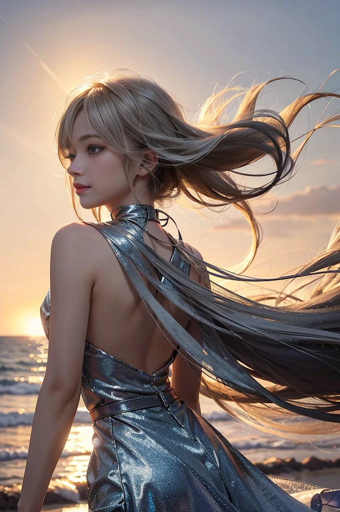 1 girl, blonde hair, gray hair, long hair, bangs, sparkling eyes, long eyelashes, pupils shine, compensate, smile, Depth of bounds written, from below, silhouette, from behind, wide shot, f/1.4, 135mm, canon, nffsw, retina, Accurate, anatomically correct, rough skin, Super detailed, advanced details, high quality, 最high quality, High resolution, 8k, (Woman walking on the beach at sunset), Backlit silhouette, (see-through red dress), ((A silhouette of the body is visible through the light.)), (hair blowing in the wind), (Skirt soars in the wind)