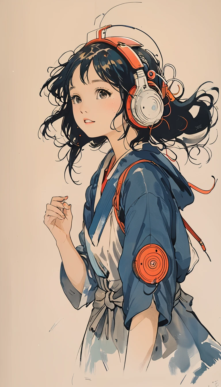 sketch、The Style of Kawanabe Kyosai、girl、Headphones、look up