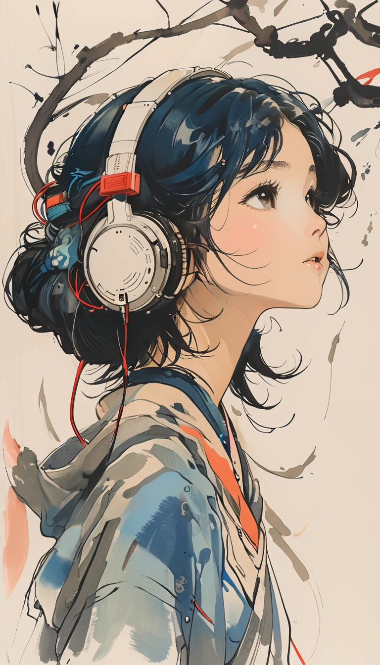 sketch、The Style of Kawanabe Kyosai、girl、Headphones、look up