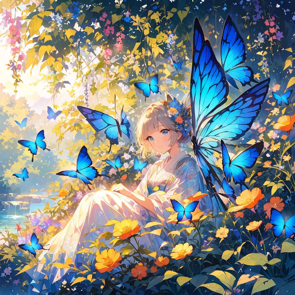 The prompt for the image is "Blue Madame Butterfly".
"(best quality, 4k, highres), vibrant blue butterfly with intricate, iridescent wings, delicate and detailed, gracefully perched on a blooming flower (keyword:1.1), surrounded by lush green foliage, gentle sunlight casting a warm (keyword) glow on the scene, capturing the magical moment of a fleeting beauty, intensified color palette with vivid hues, invoking a sense of mystical elegance and ethereal tranquility, resembling a watercolor painting by a master artist."
