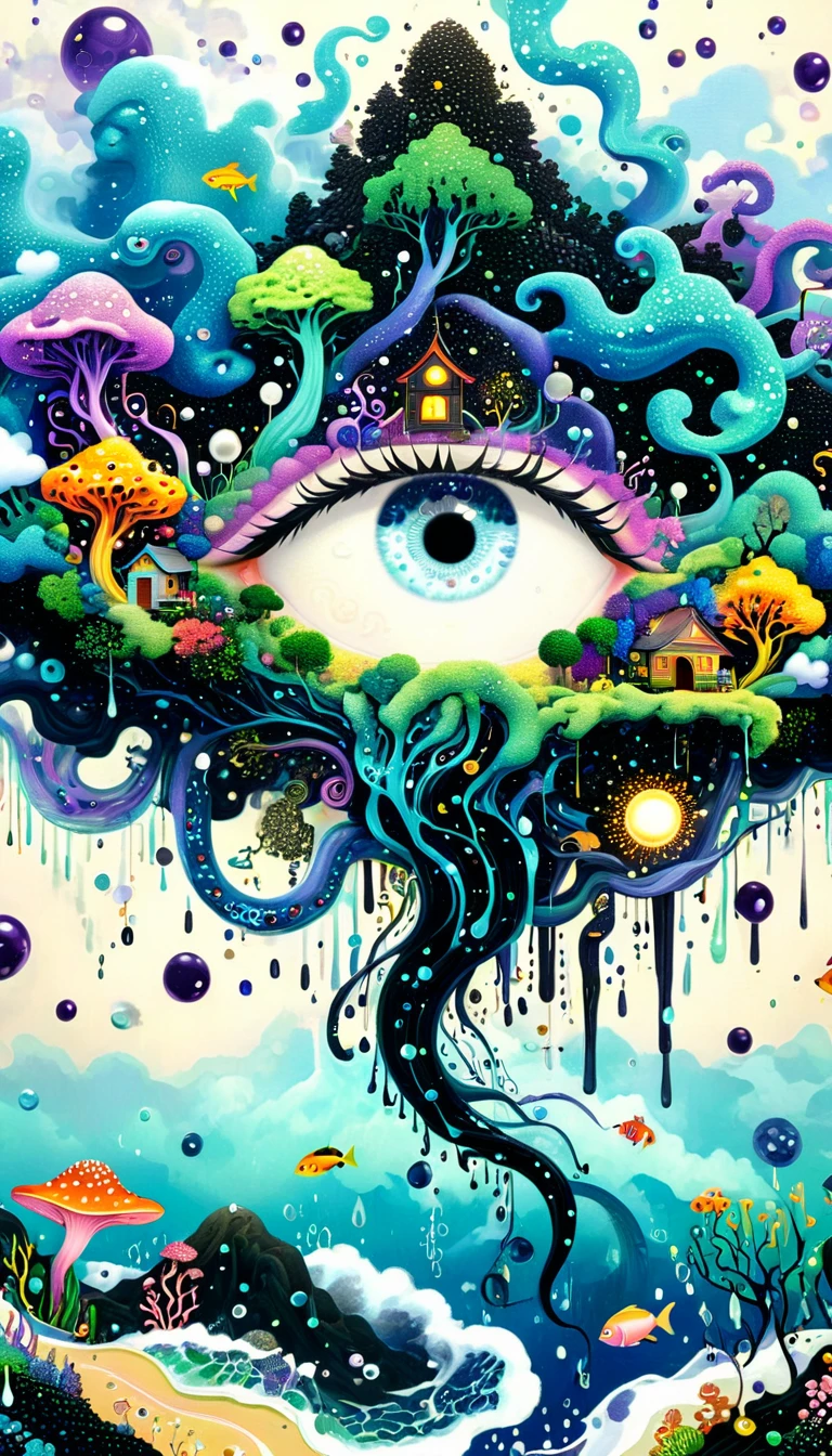 Broto art style，Strong visual fusion of multiple elements，来自Star的艺术家，Colorful black，Dopamine color scheme，house、Eye、pearl珠帘、pearl、Star、cloud、fish、Spore powder、Ocean、rain、Tentacles，Describing the inner world of autistic people，密集Pointillism method。Smooth lines。interesting，Strange illustration。Pointillism method。Strong contrast。Award-winning works。