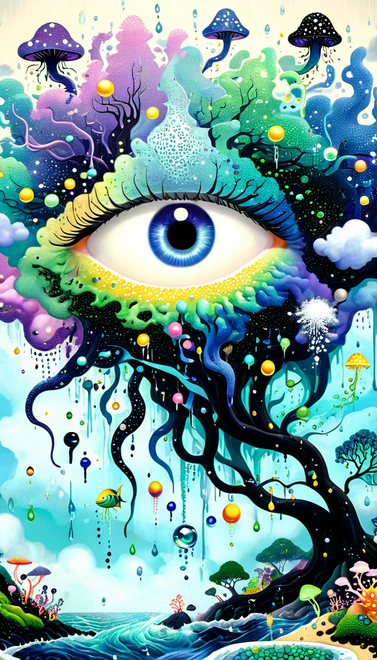Broto art style，Strong visual fusion of multiple elements，来自Star的艺术家，Colorful black，Dopamine color scheme，house、Eye、Tree、pearl珠帘、pearl、Star、cloud、fish、Spore powder、Ocean、rain、Tentacles，Describing the inner world of autistic people，密集Pointillism method。Smooth lines。interesting，Strange illustration。Pointillism method。Strong contrast。Award-winning works。
