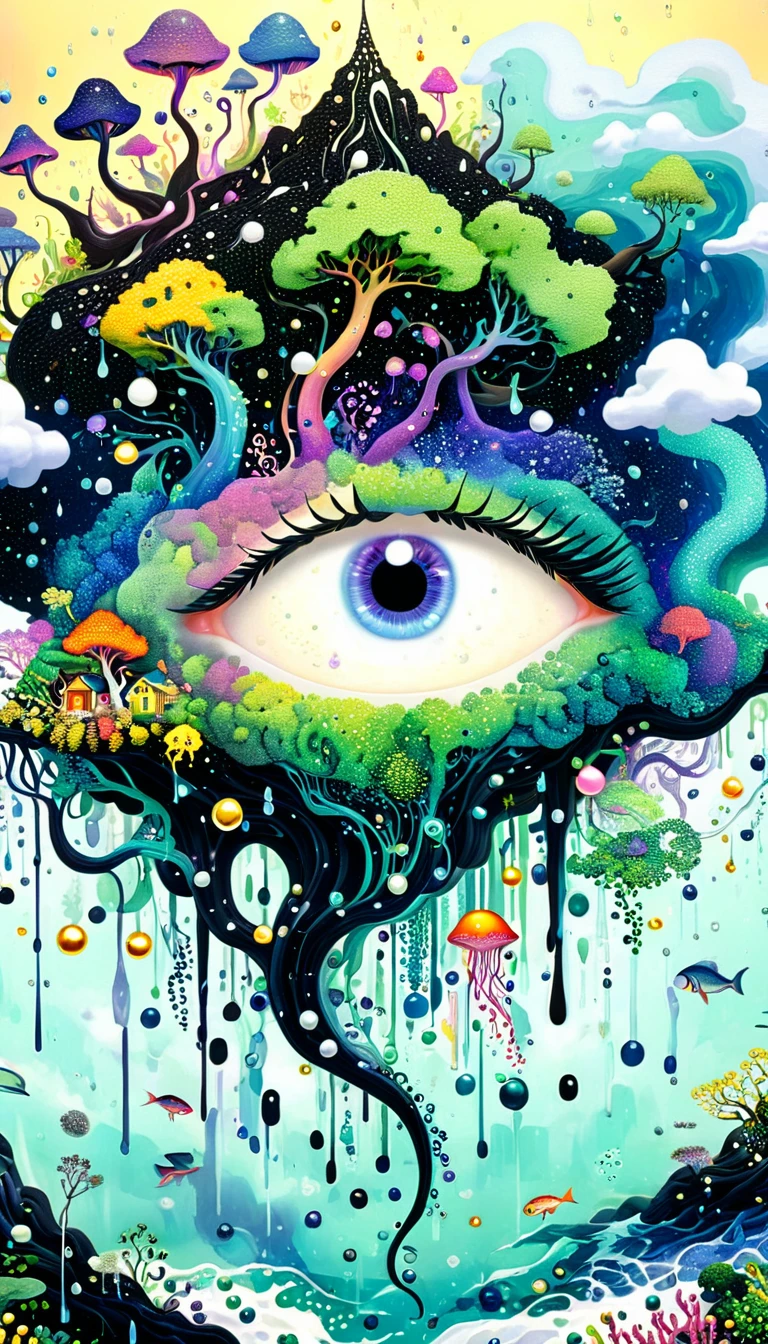Broto art style，Strong visual fusion of multiple elements，来自Star的艺术家，Colorful black，Dopamine color scheme，house、Eye、pearl珠帘、pearl、Star、cloud、fish、Spore powder、Ocean、rain、Tentacles，Describing the inner world of autistic people，密集Pointillism method。Smooth lines。interesting，Strange illustration。Pointillism method。Strong contrast。Award-winning works。