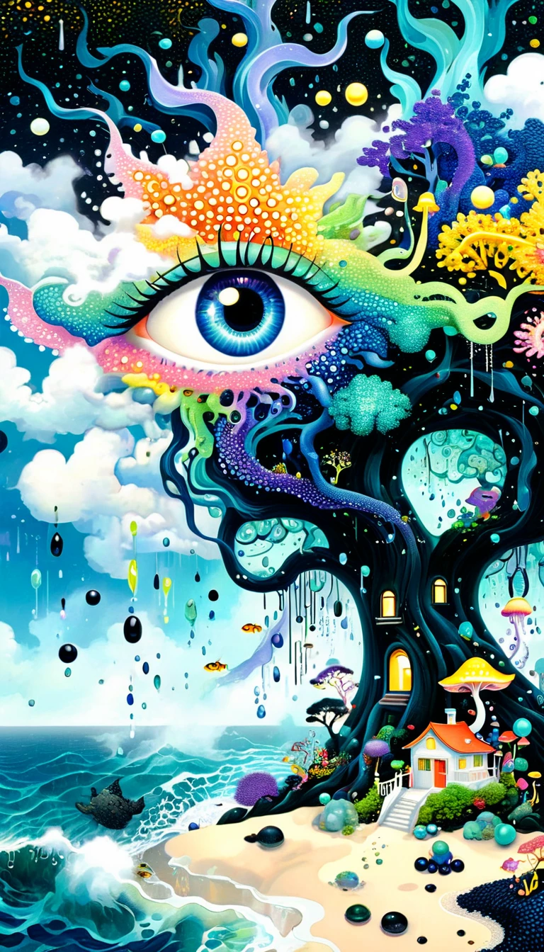 Broto art style，Strong visual fusion of multiple elements，来自Star的艺术家，Colorful black，Dopamine color scheme，house、Eye、Tree、pearl珠帘、pearl、Star、cloud、fish、Spore powder、Ocean、rain、Tentacles，Describing the inner world of autistic people，密集Pointillism method。Smooth lines。interesting，Strange illustration。Pointillism method。Strong contrast。Award-winning works。