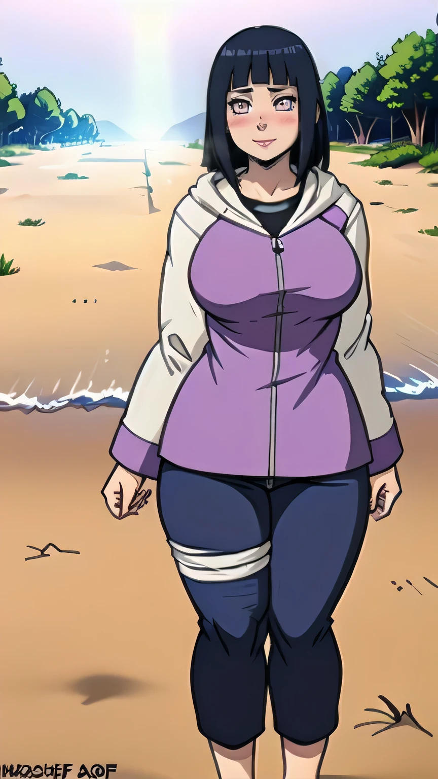 high_aesthetic, art by Lazorchef, ((Masterpiece, best quality, perfect lighting, amazing shading)), full body, perfect anatomy, field of depth, extremely beautiful, mature female, clothed, hourglass_figure, hyuuga_hinata, Purple_hooded_jacket_Blue_pants, (((skinny))), blushing, beach background, detailed background