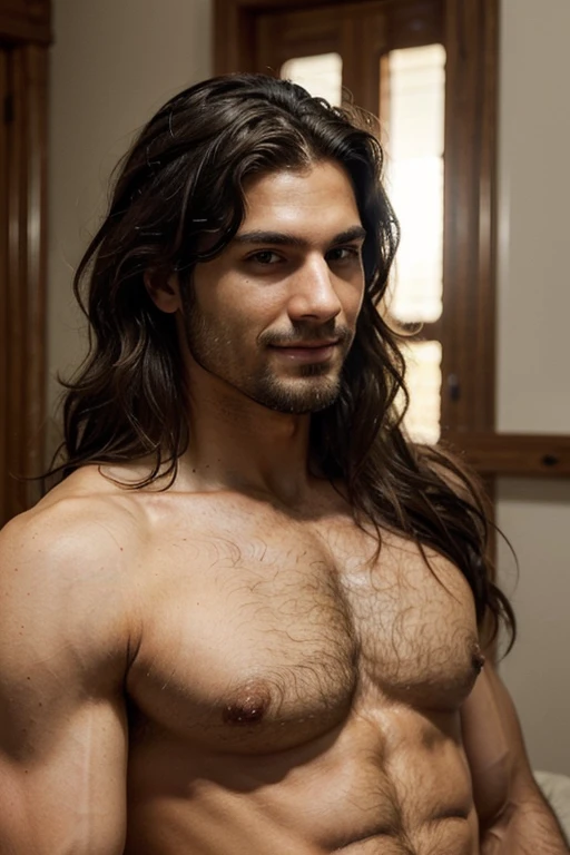 Can you please make a picture of my character only covered in a bedsheet posing like a greek statue. He is Italian , 29 years old. with black hair stubble and looks like a tortured poet and wealthy. He is 6'1 - **Build:** Lean and athletic, with a well-defined yet not overly muscular physique, indicative of an active lifestyle. - **Hair:** Dark brown, slightly wavy, and often kept at a medium length. His hair has a natural, effortlessly tousled look, giving him a relaxed and approachable vibe. - **Eyes:** Warm hazel eyes with flecks of green, framed by thick, dark eyelashes. His eyes are expressive and often reveal his thoughtful and introspective nature. - **Complexion:** Olive skin with a healthy glow, hinting at his Italian heritage. - **Facial Features:** Strong jawline, high cheekbones, and a slightly aquiline nose. He has a well-groomed beard that he keeps neatly trimmed, adding to his sophisticated yet artistic appearance. - **Smile:** His smile is warm and inviting, with a hint of mischief. His teeth are straight and white, and his smile often reaches his eyes, making them sparkle.