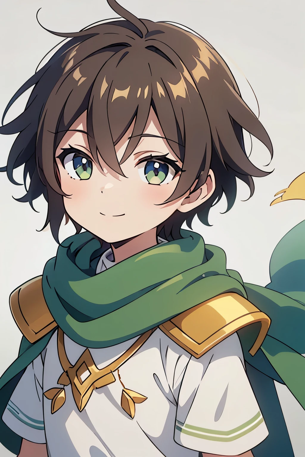 (high-quality, breathtaking),(expressive eyes, perfect face) 1boy, male, solo, , short height, age 5, darkown color hair, green eye color, spiked fluffy hair, wavy hair, short hair length, cute smile, childlike face, white tunic, gold trim, green scarf cape, Symmetrical Eyes, portrait, positive expression, grey background, Olympian god greek clothes, Hades Style clothing, 