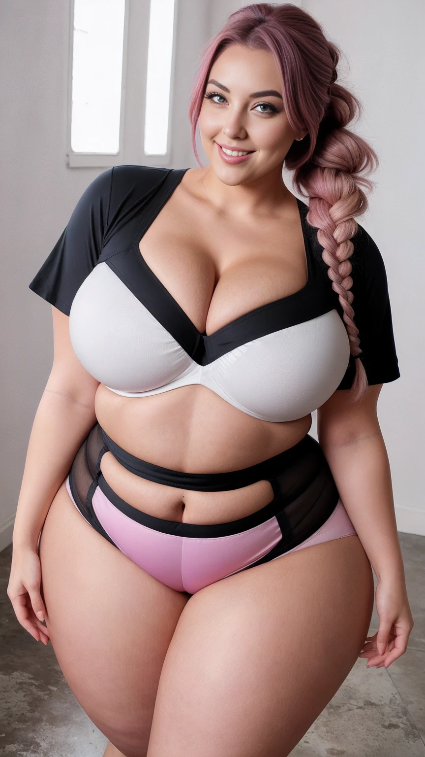 gorgeous curvy plus size actress kelly johana, glowing eyes, wearing SHEIN LUNE Ladies' Fashion Solid Color Short Sleeve V-Neck T-Shirt , covered Bust, parted lips, blushing cheeks, thick thighs, bigger waist, busty, curvy plus size body, full body, full body shot, head to toe view, smoothning burgendy color hair with pfrench braid hairstyle, hourglass body, curvy plus size body, smile face, bigger waist, busty, big hips, fleshy thighs, thick thighs, busty, full body view, Havana, Cuba: Classic cars and colonial architecture.