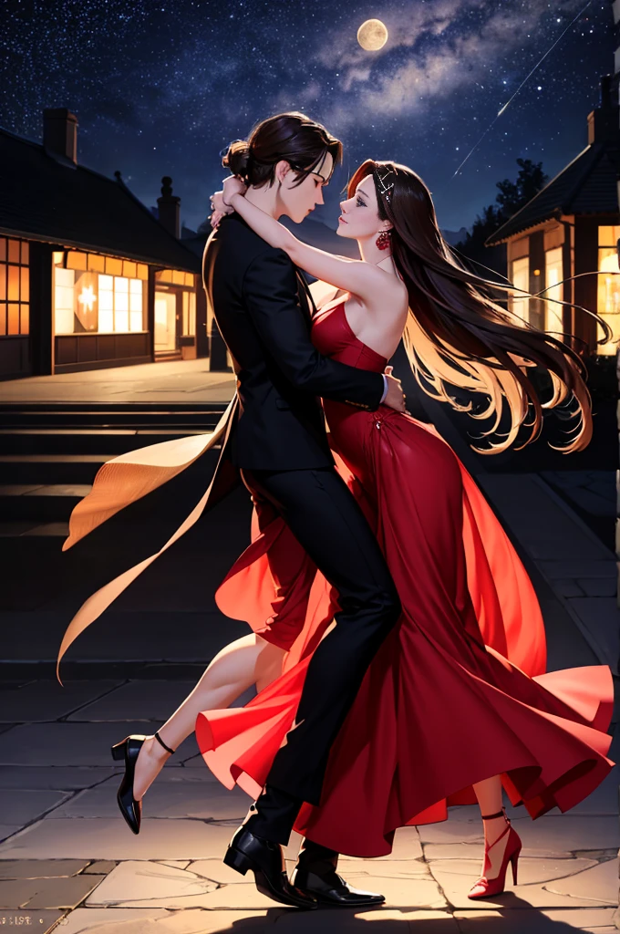 a masterpiece, stunning detail, an action shot, low angle, (top quality)), ((masterpiece)), a long hair girl, transparent long red dress, dance tango with a man, lamps, brown hair, shirt, black hair, 1boy, cleavage, jewelry, tango, hetero, multiple couples, pants, looking at another, bracelet, transparent dress, ,outdoors, full moon, strong wind, outdoors, full body, starry sky, at sea,,outdoors,(tango:1.2)