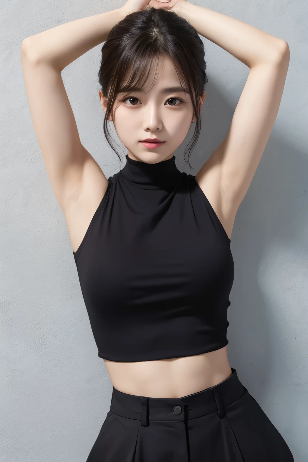 A woman wearing a sleeveless top is raising her arms
