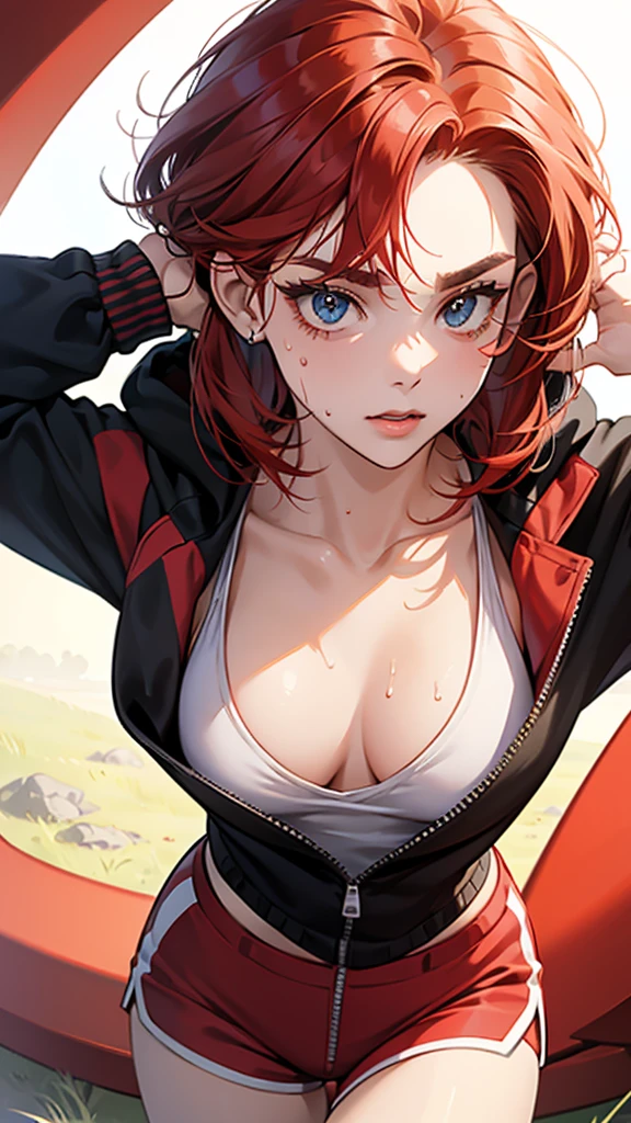 ,{{masterpiece}}, {{{Highest quality}}},{{Very detailed}},{{Reddening with anger}},{{V-shaped eyebrows}},{{shape}},{{expensive}},{{Adult woman sweating with fatigue}},{{Flared Shorts}},{{White sleeveless zip hoodie with an open neckline}} Red Hair Bob Small breasts expensive The body is slim Thin legs Grass playground clavicle Décolletage Wristband Forward bendingみ Forward bending Waiting for warm-up to start