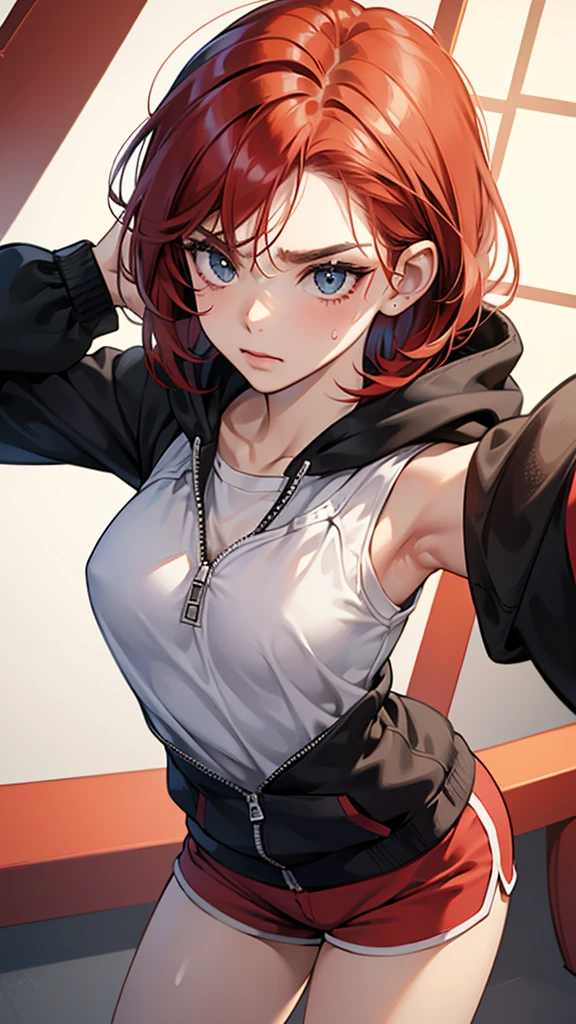 ,{{masterpiece}}, {{{Highest quality}}},{{Very detailed}},{{Reddening with anger}},{{V-shaped eyebrows}},{{shape}},{{expensive}},{{Adult woman sweating with fatigue}},{{Flared Shorts}},{{White sleeveless zip hoodie with an open neckline}} Red Hair Bob Small breasts expensive The body is slim Thin legs Grass playground clavicle Décolletage Wristband Forward bendingみ Forward bending Waiting for warm-up to start